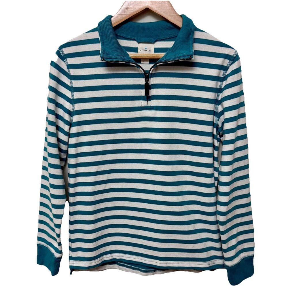 J. Crew Crewcuts Striped Quarter Zip Pullover Teal White Ribbed Trim L (10–11)